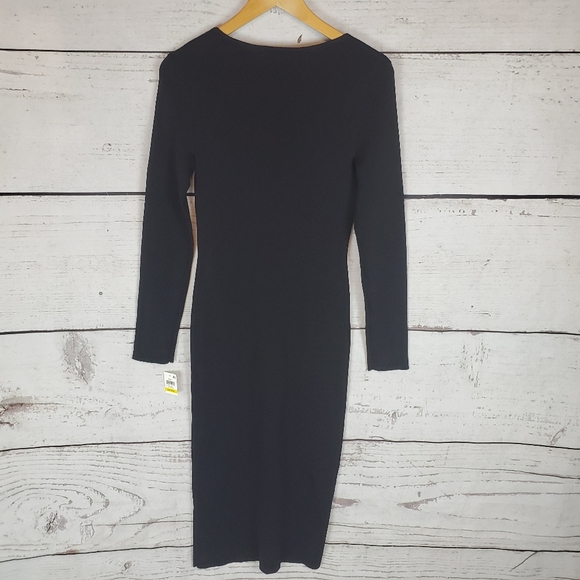 Black Sweater Dress Slit Fitted Long Sleeve Crew - Picture 7 of 8